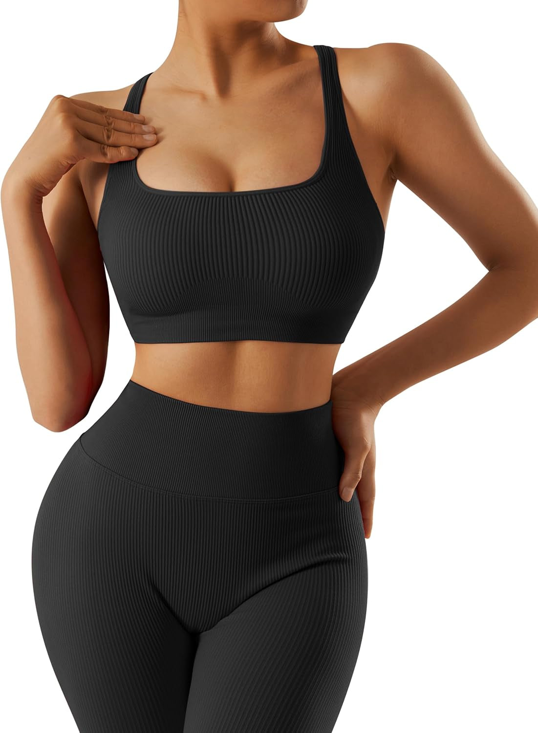 Ribbed Workout Sets for Women 2 Piece Backless Strappy Sports Bra Seamless Leggings Matching Set Yoga Outfits
