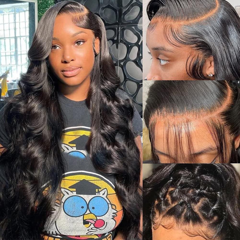 13X6 HD Transparent Lace Front Wigs Human Hair Pre Plucked 180 Density Brazilian Body Wave Frontal Wigs Human Hair with Baby Hair Natural Hairline Natural Black Color 28Inch