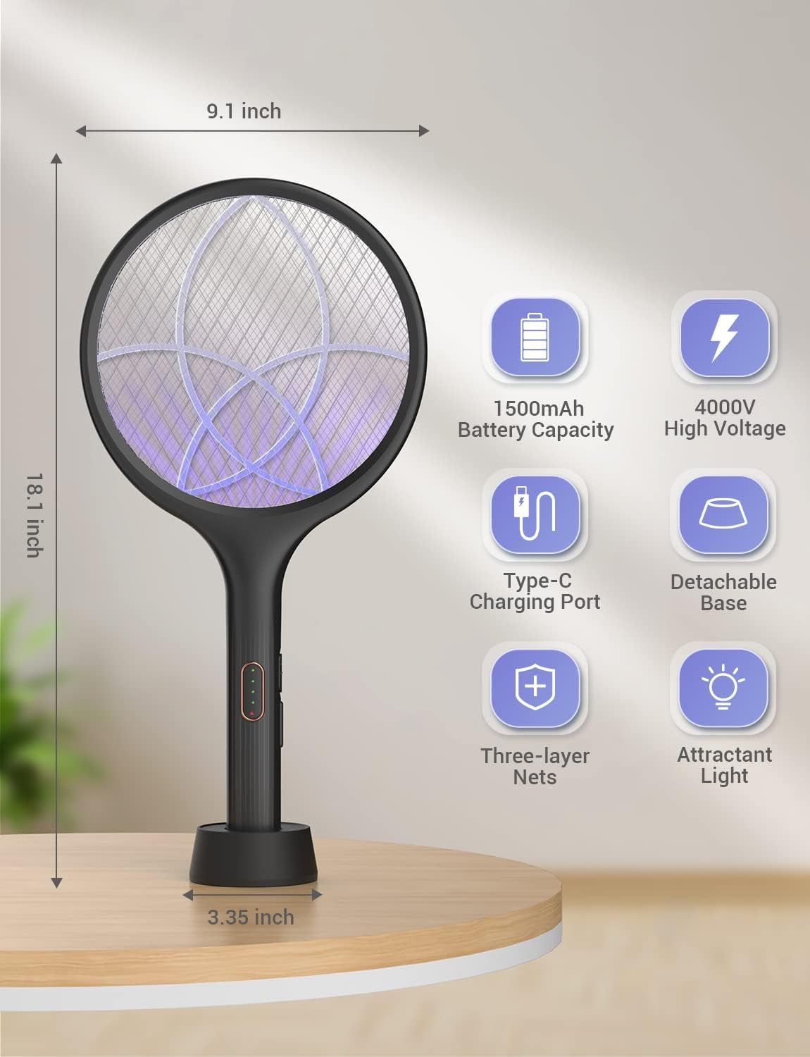 Electric Fly Swatter 4000V Bug Zapper Racket Dual Modes Mosquito Killer with Purple Mosquito Light Rechargeable for Indoor Home Office Backyard Patio Camping (Black-1 Pack)