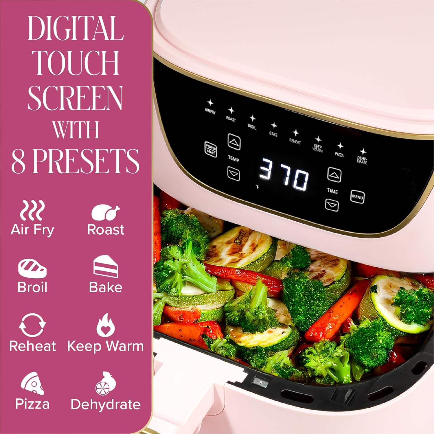 Air Fryer, Large 6-Quart Capacity, Nonstick Made without PFAS, Touchscreen Display, 8-In-1 (Air Fry, Roast, Broil, Bake, Reheat, Keep Warm, Pizza, Dehydrate), Dishwasher Safe, Pink
