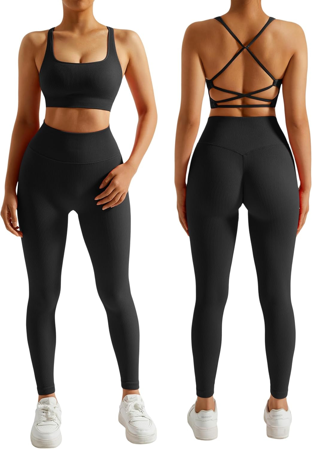 Ribbed Workout Sets for Women 2 Piece Backless Strappy Sports Bra Seamless Leggings Matching Set Yoga Outfits