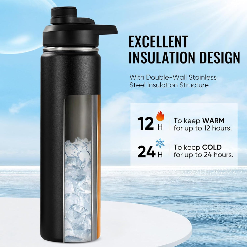 24 Oz Insulated Water Bottle with Handle, 304 Stainless Steel Water Bottles with Wide Mouth, Double Wall Vacuum Sports Water Bottle, BPA Free, Keep Cold and Hot, Black | with Handle, Water Bottles, Wide Mouth, Double Wall Vacuum, Sports Water Bottle, BPA Free