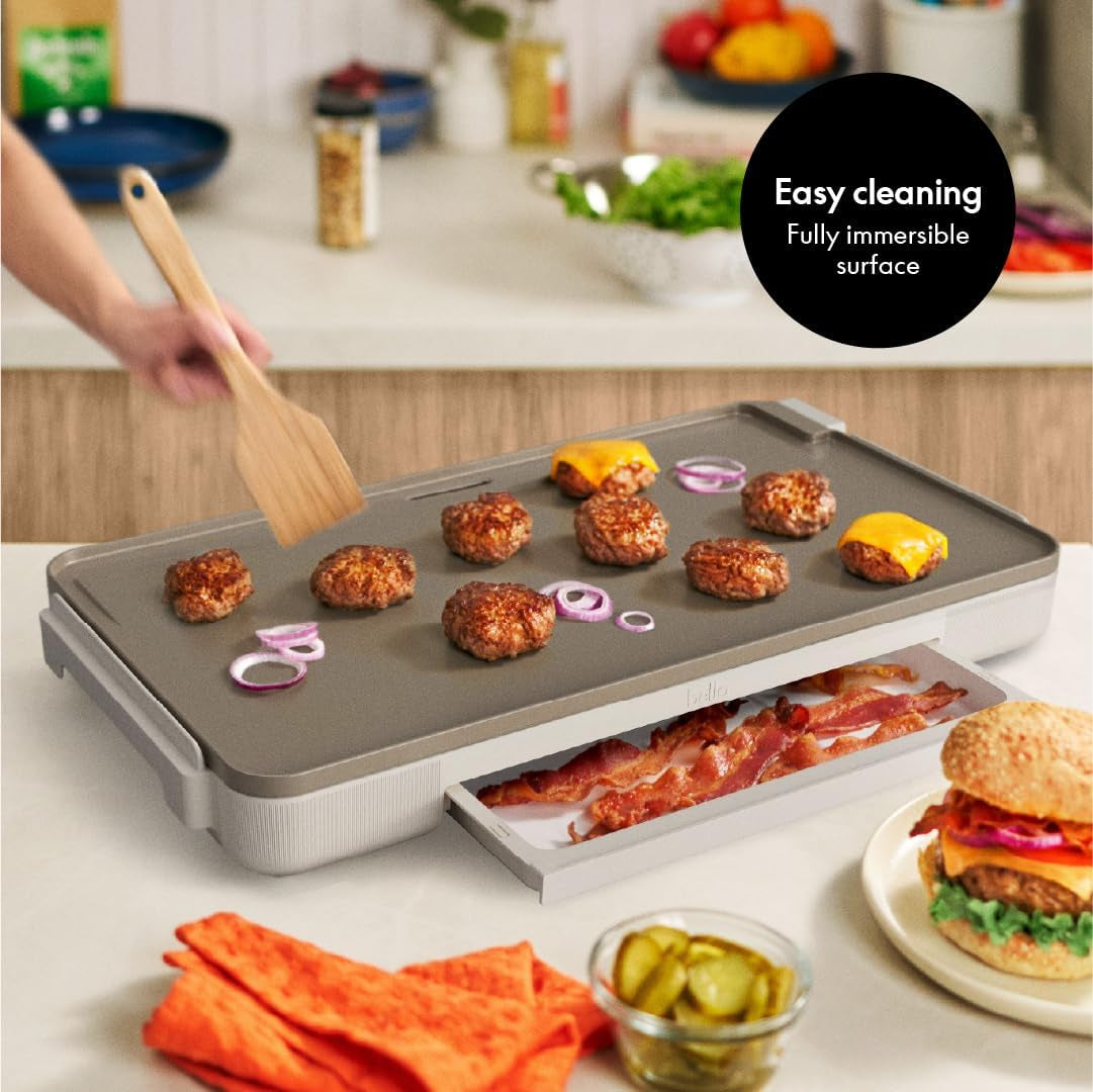 12" X 22" Electric Griddle with Warming Tray, Evergood™ Ceramic Nonstick Coating & Removable Temperature Probe, Dishwasher-Safe Drip Tray & Cool Touch Handles, 1500 Watt, Oatmilk