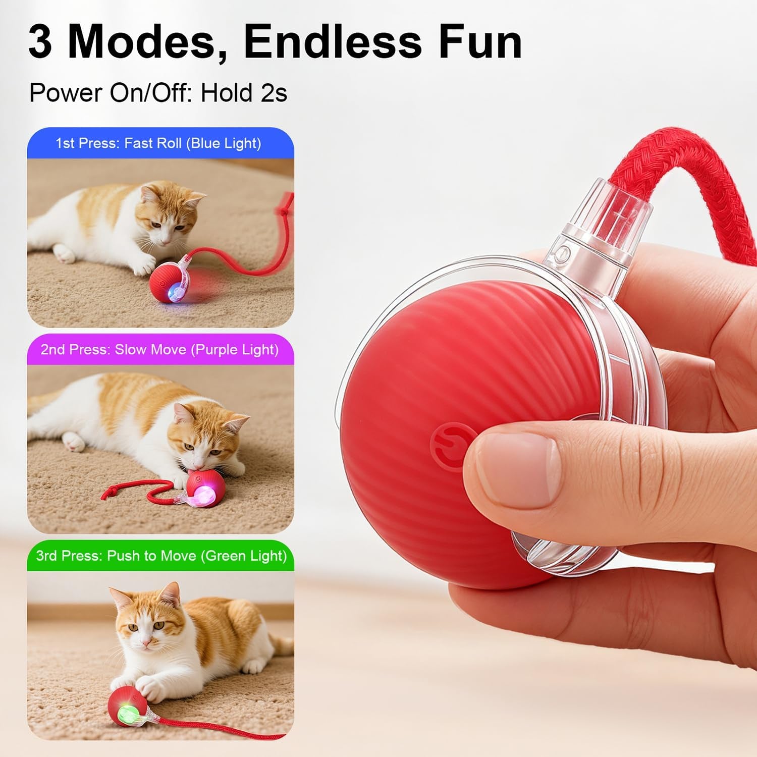 Interactive Electric Automatic Rolling Moving USB Rechargeable Self Activated Play Stimulation Toy Smart Chase Teaser Ball with Rope for Bored Adult Indoor Kitten & Cat and Puppy & Dog, Red