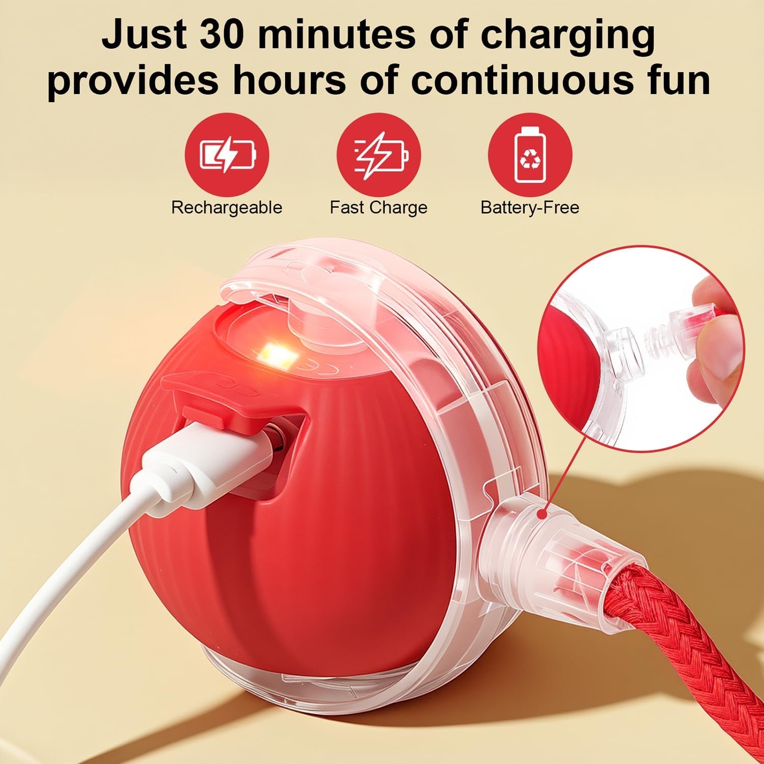 Interactive Electric Automatic Rolling Moving USB Rechargeable Self Activated Play Stimulation Toy Smart Chase Teaser Ball with Rope for Bored Adult Indoor Kitten & Cat and Puppy & Dog, Red