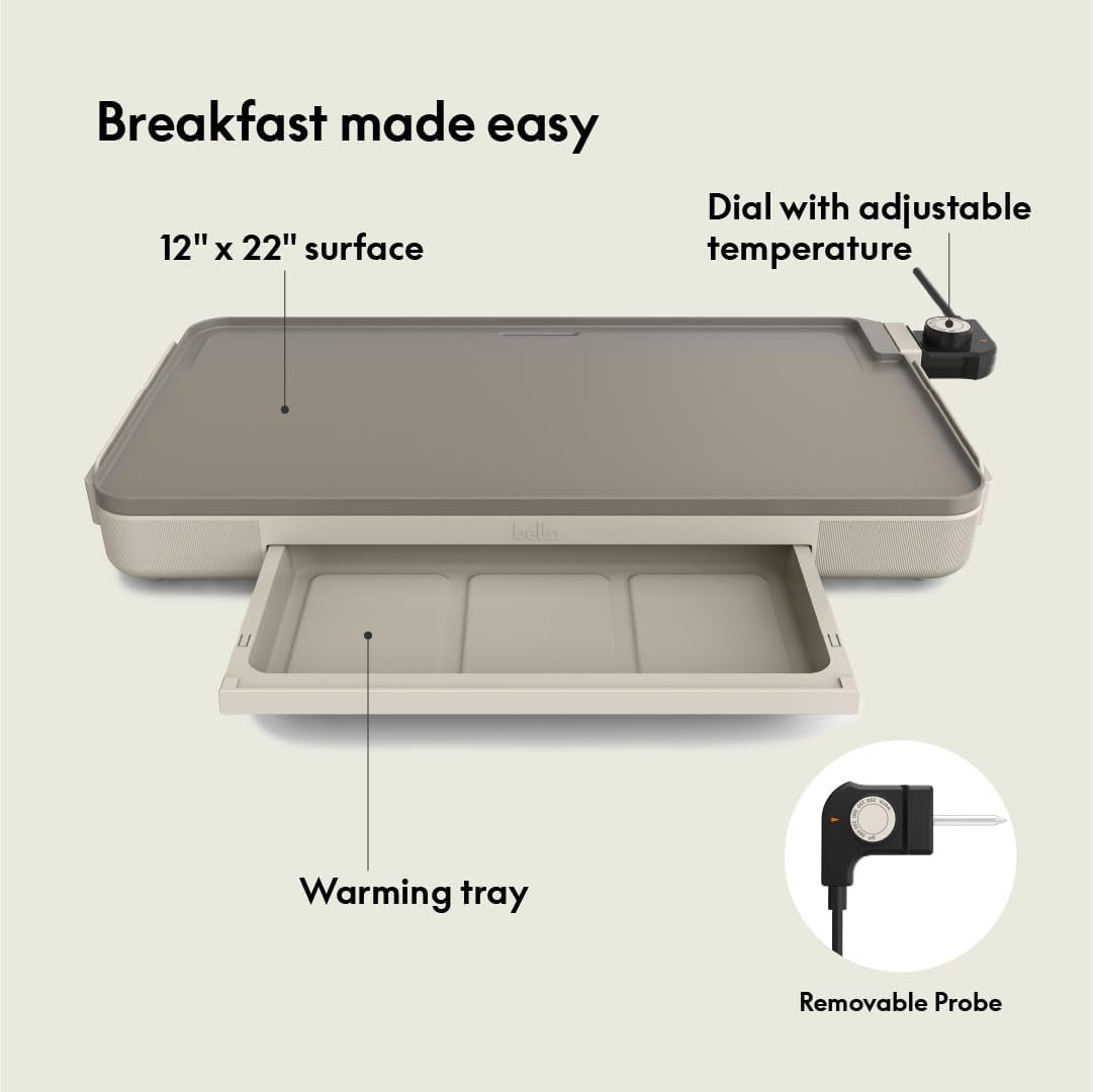 12" X 22" Electric Griddle with Warming Tray, Evergood™ Ceramic Nonstick Coating & Removable Temperature Probe, Dishwasher-Safe Drip Tray & Cool Touch Handles, 1500 Watt, Oatmilk