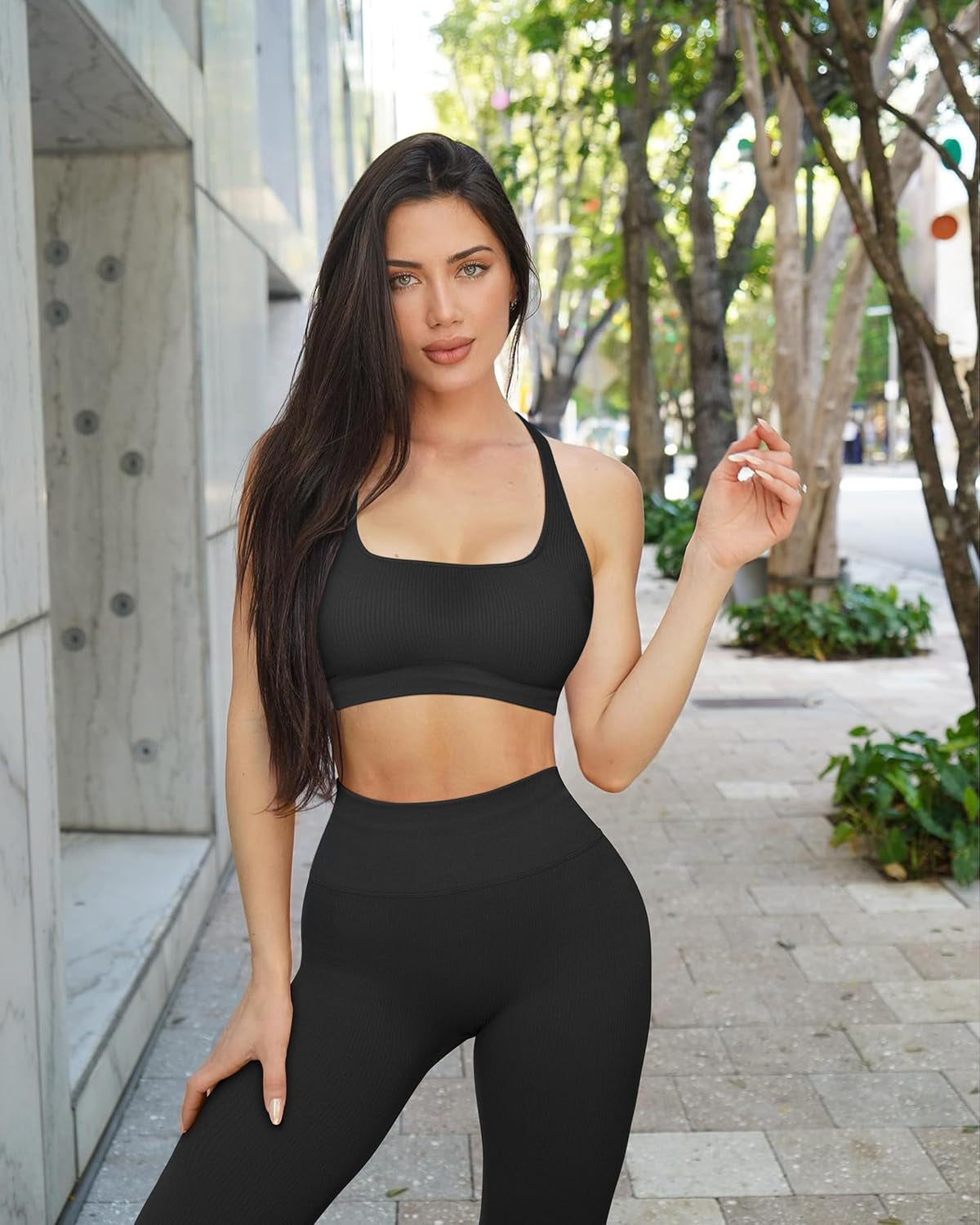 Ribbed Workout Sets for Women 2 Piece Backless Strappy Sports Bra Seamless Leggings Matching Set Yoga Outfits