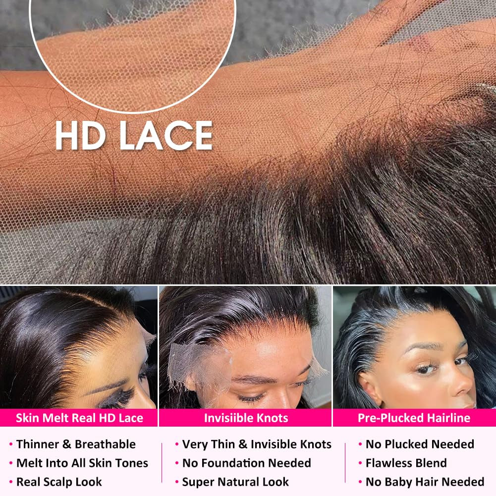 13X6 HD Transparent Lace Front Wigs Human Hair Pre Plucked 180 Density Brazilian Body Wave Frontal Wigs Human Hair with Baby Hair Natural Hairline Natural Black Color 28Inch