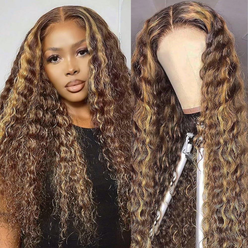 30 Inch Honey Blonde Wig Human Hair Deep Wave Lace Front Wigs 200 Density 4/27 Highlight Ombre 13X4 HD Transparent Lace Front Wig with Baby Hair Deep Curly Wave Wig Human Hair for Black Women