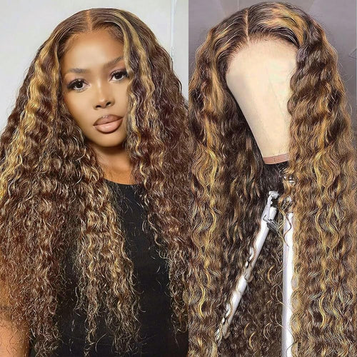 30 Inch Honey Blonde Wig Human Hair Deep Wave Lace Front Wigs 200 Density 4/27 Highlight Ombre 13X4 HD Transparent Lace Front Wig with Baby Hair Deep Curly Wave Wig Human Hair for Black Women