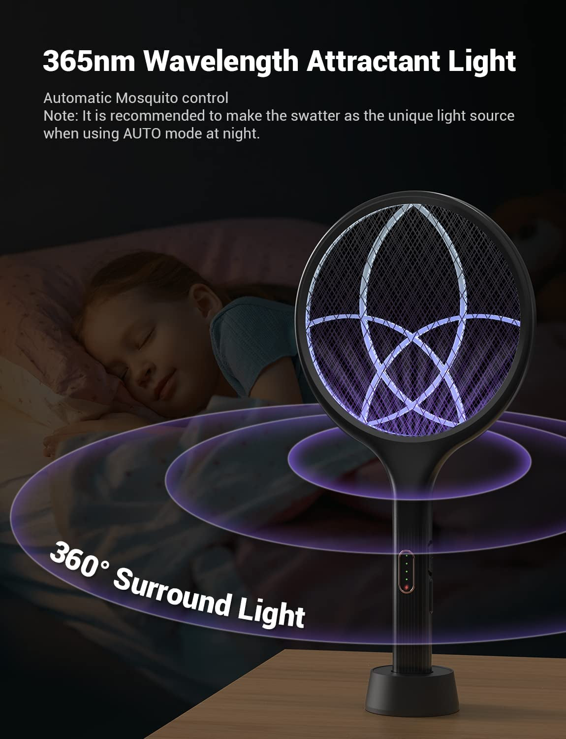 Electric Fly Swatter 4000V Bug Zapper Racket Dual Modes Mosquito Killer with Purple Mosquito Light Rechargeable for Indoor Home Office Backyard Patio Camping (Black-1 Pack)