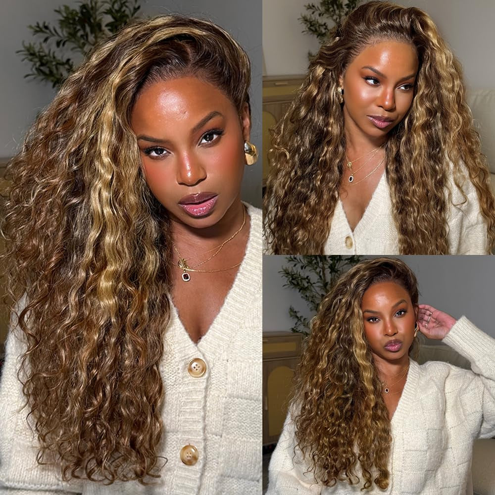 30 Inch Honey Blonde Wig Human Hair Deep Wave Lace Front Wigs 200 Density 4/27 Highlight Ombre 13X4 HD Transparent Lace Front Wig with Baby Hair Deep Curly Wave Wig Human Hair for Black Women