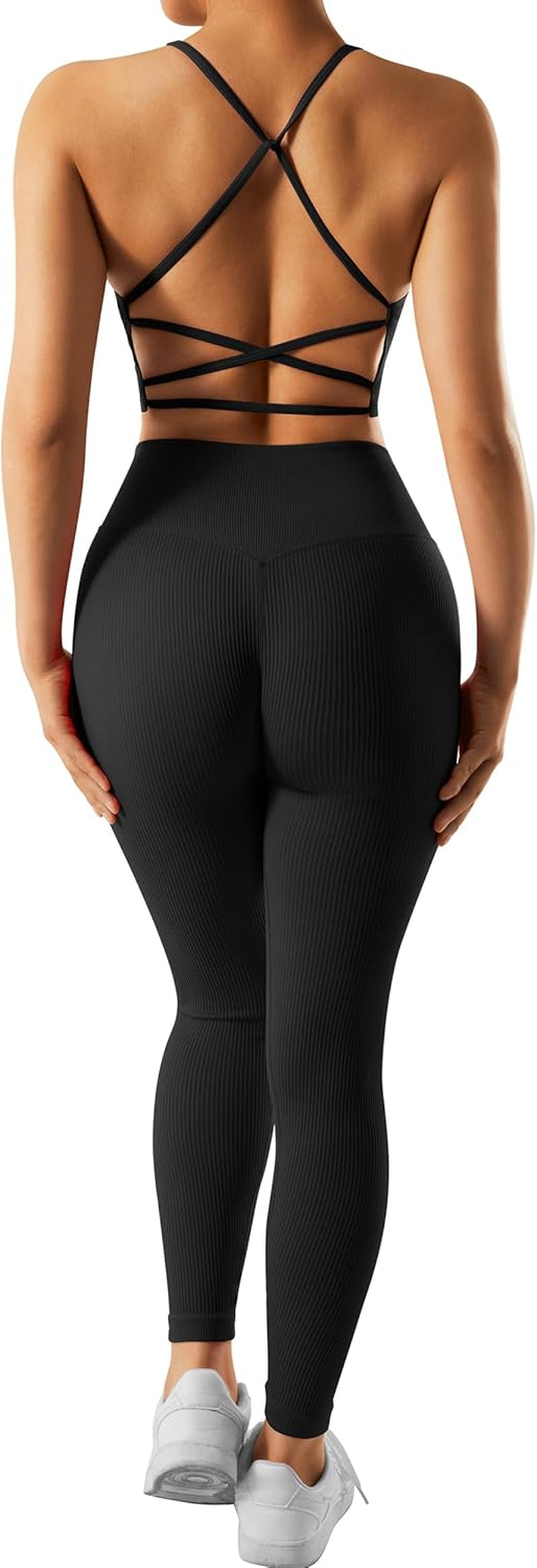 Ribbed Workout Sets for Women 2 Piece Backless Strappy Sports Bra Seamless Leggings Matching Set Yoga Outfits