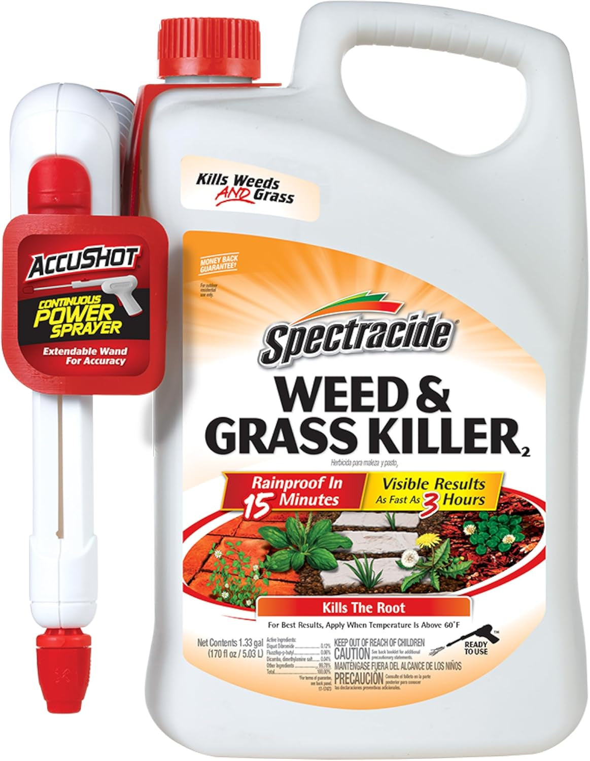 Weed & Grass Killer, 1.33 Gallons, with Accushot Continuous Power Sprayer Kills Broadleaf Weeds and Grasses down to the Root, Rainproof in 15 Minutes with Visible Results in 3 Hours