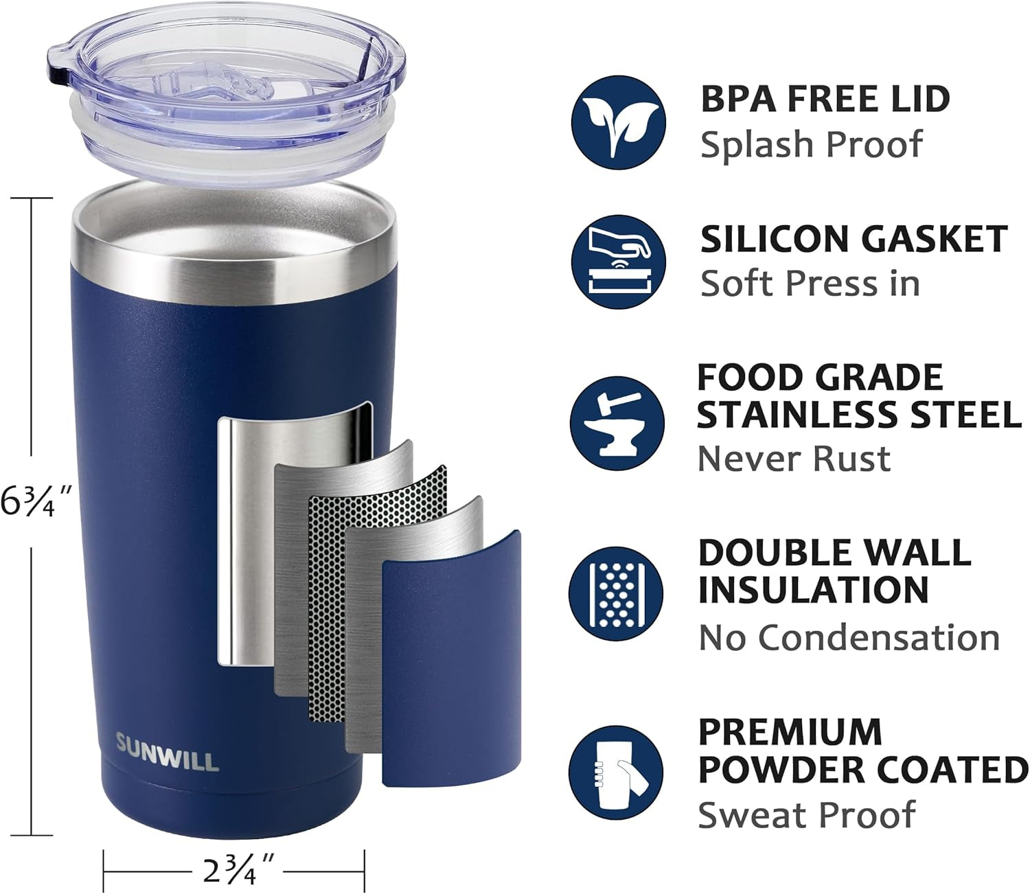 Travel Coffee Tumbler 20 Oz, Insulated Mug with Lid, Stainless Steel Cup for Outdoor, Powder Coated Navy