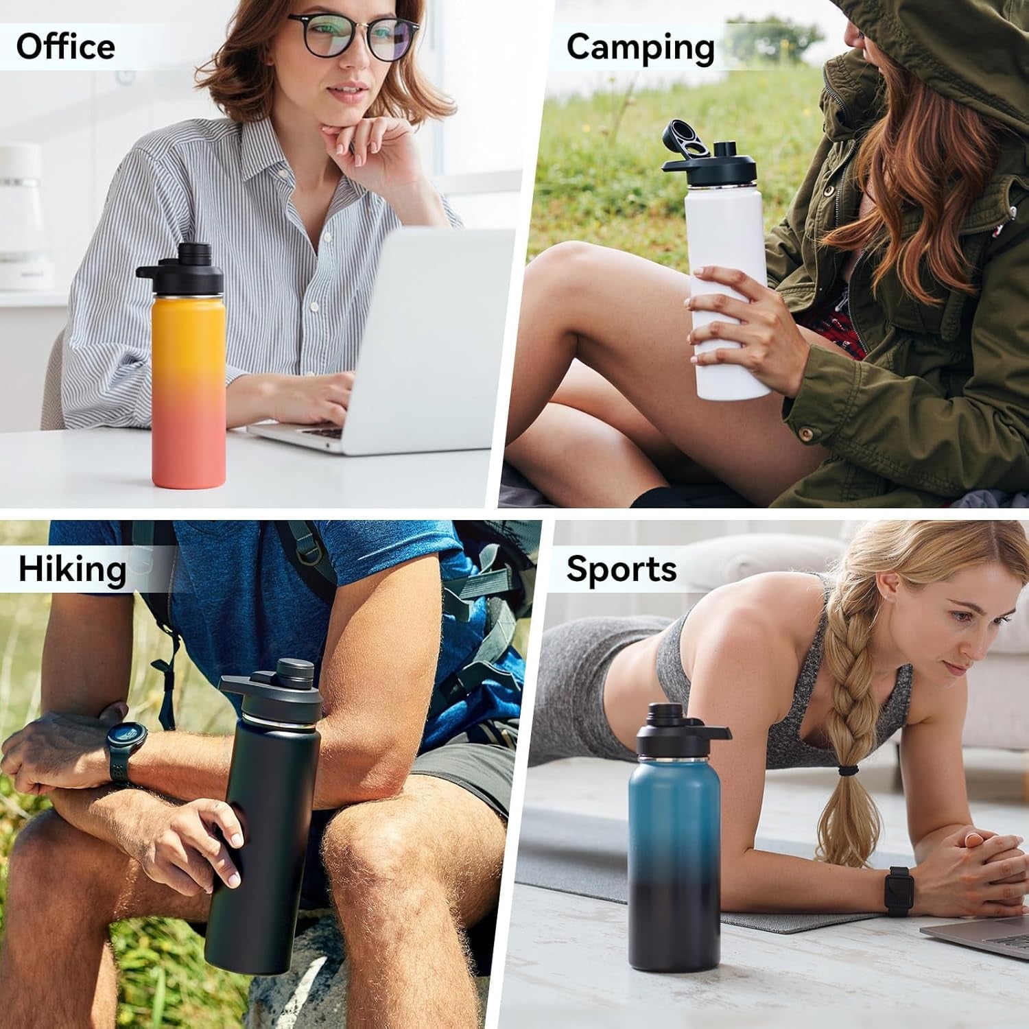 24 Oz Insulated Water Bottle with Handle, 304 Stainless Steel Water Bottles with Wide Mouth, Double Wall Vacuum Sports Water Bottle, BPA Free, Keep Cold and Hot, Black | with Handle, Water Bottles, Wide Mouth, Double Wall Vacuum, Sports Water Bottle, BPA Free