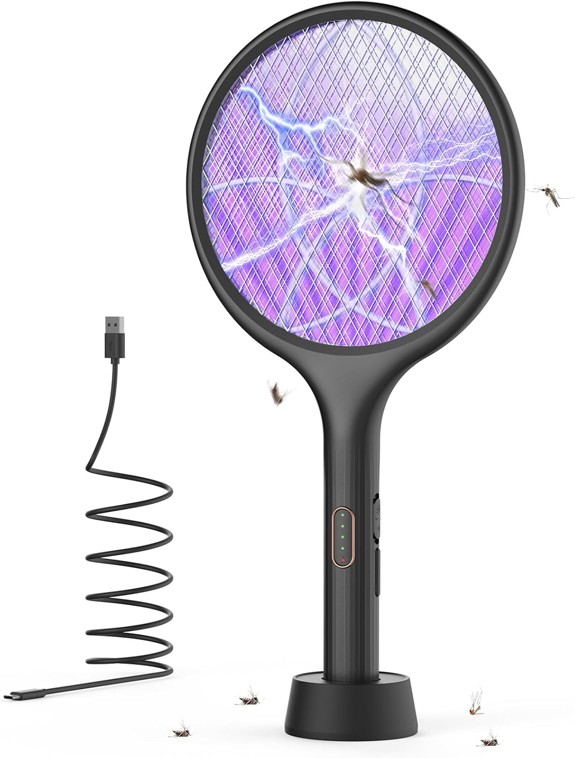 Electric Fly Swatter 4000V Bug Zapper Racket Dual Modes Mosquito Killer with Purple Mosquito Light Rechargeable for Indoor Home Office Backyard Patio Camping (Black-1 Pack)