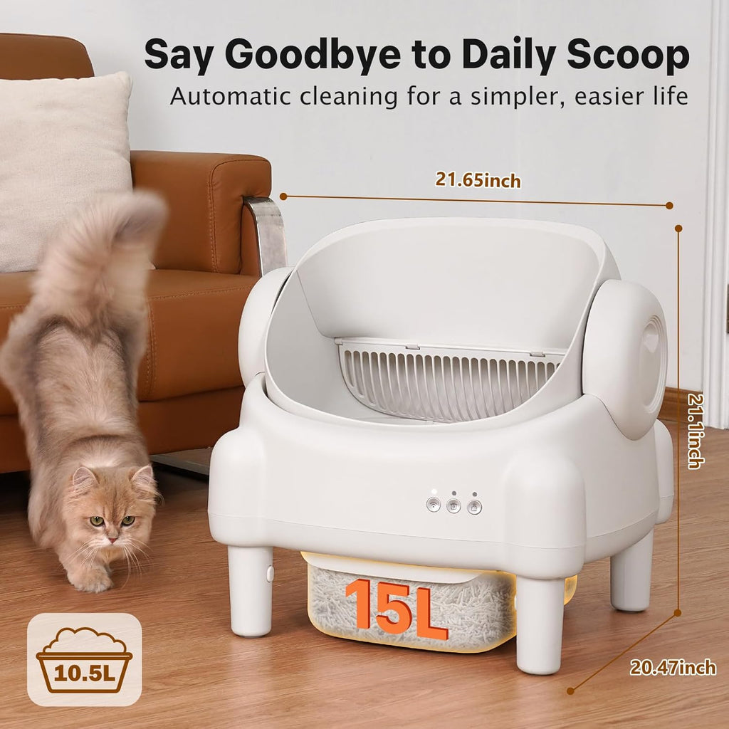 Self Cleaning Litter Box,Open Top Automatic Litter Box with App Control for Multiple Cats, Safety Sensors Protection, Odor Control Includes 2 Roll Liners,Large Waste Bin, Cream White