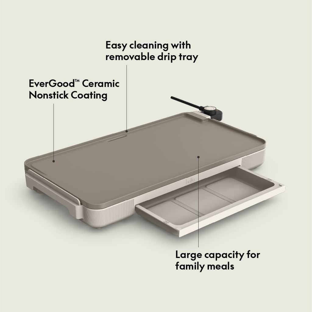 12" X 22" Electric Griddle with Warming Tray, Evergood™ Ceramic Nonstick Coating & Removable Temperature Probe, Dishwasher-Safe Drip Tray & Cool Touch Handles, 1500 Watt, Oatmilk