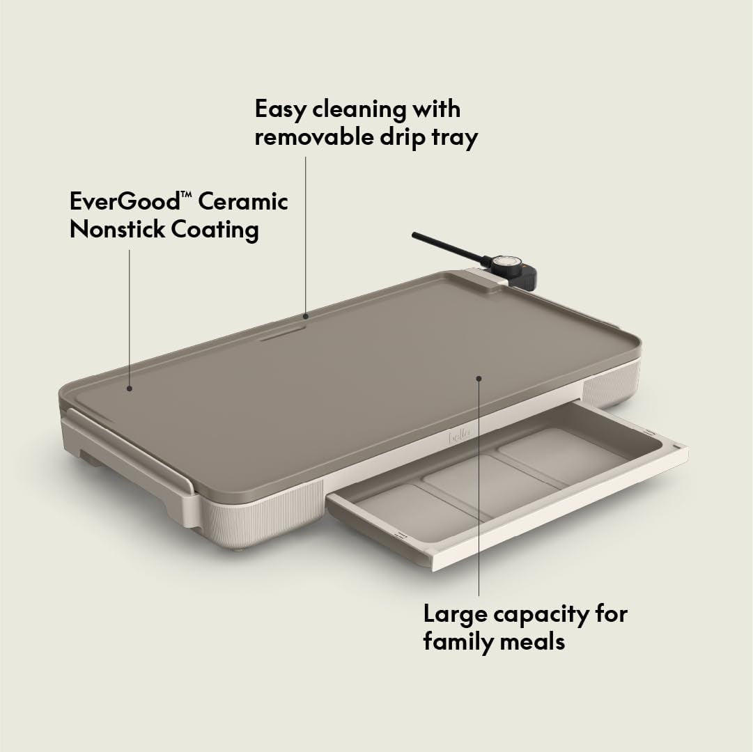 12" X 22" Electric Griddle with Warming Tray, Evergood™ Ceramic Nonstick Coating & Removable Temperature Probe, Dishwasher-Safe Drip Tray & Cool Touch Handles, 1500 Watt, Oatmilk