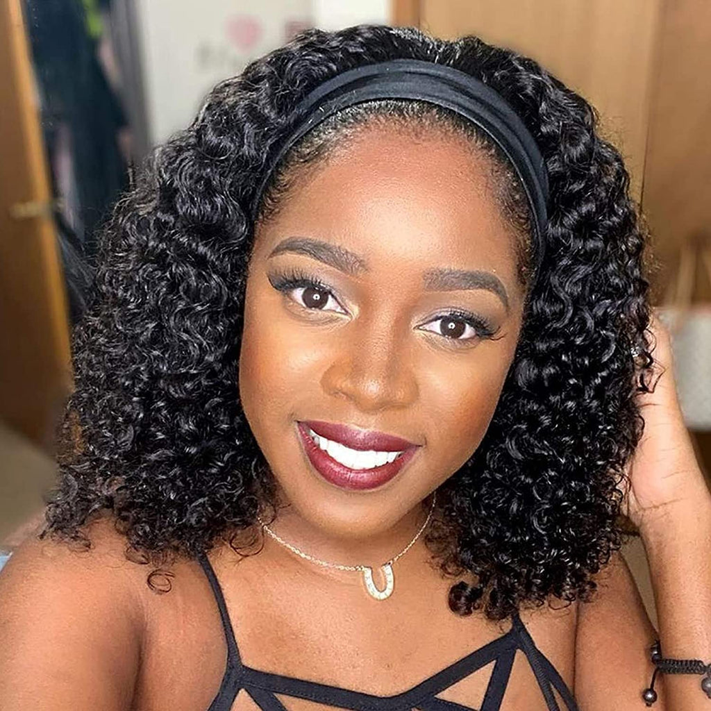 Headband Wig Deep Wave 12 Inch Human Hair Headband Wig Curly Hair Glueless Human Hair Wigs Machine Made No Lace Deep Curly Headband Wigs Natural Color