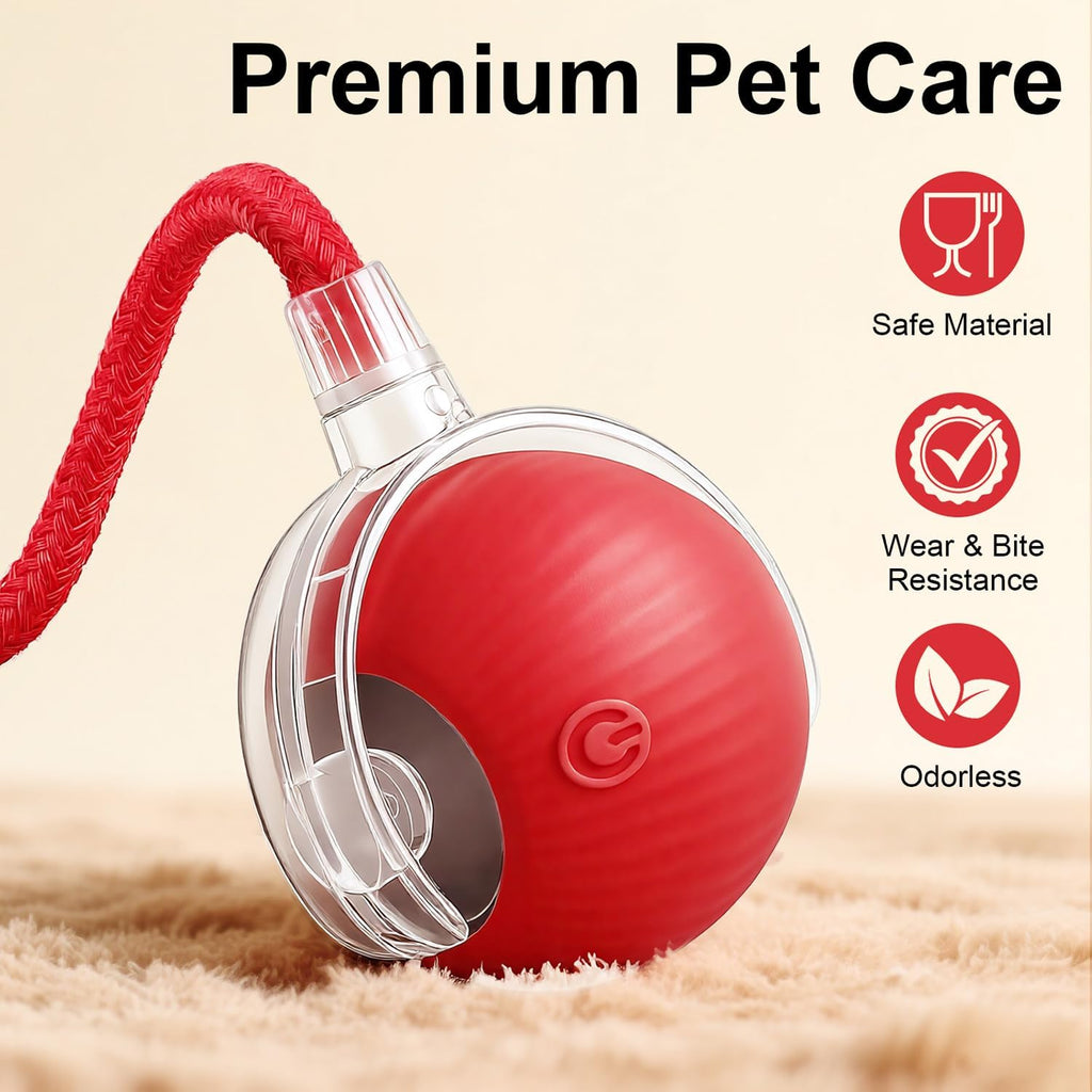 Interactive Electric Automatic Rolling Moving USB Rechargeable Self Activated Play Stimulation Toy Smart Chase Teaser Ball with Rope for Bored Adult Indoor Kitten & Cat and Puppy & Dog, Red