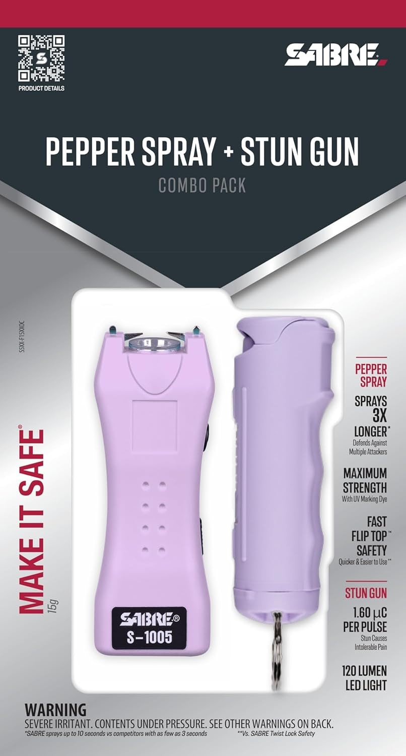 Pepper Spray & 2-In-1 Stun Gun with Flashlight, Self Defense Kit, Fast Flip Top Safety, Finger Grip for Better & Faster Aim, Painful 1.60 Μc Charge, 120 Lumen LED Light, Rechargeable, 0.54 Fl Oz