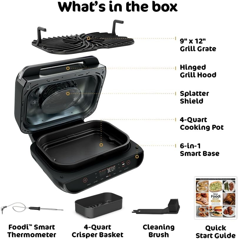 | Indoor Grill and Air Fryer| Foodi Smart XL | 6-In-1 Grill, Air Fry, Roast, Bake, Broil, Dehydrate & Crisp |Smart Thermometer & Splatter Shield | Dishwasher Safe Parts | Black/Silver | FG551