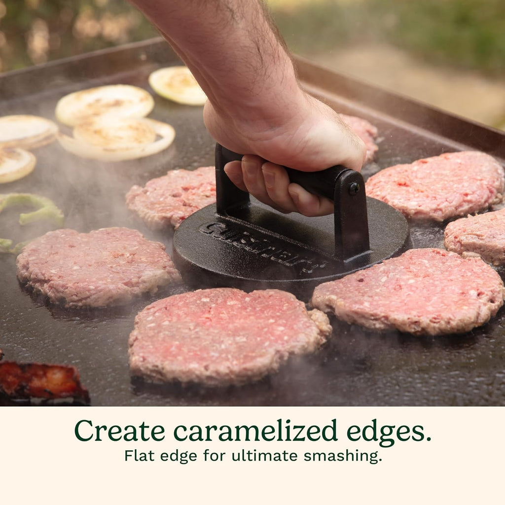 6.5" Cast Iron Smashed Burger Press, round Flat Edge Grill Press for Crispy Smash Burgers, Burger Tool for Grill and Griddle Accessories, for Bbqs and Tailgates
