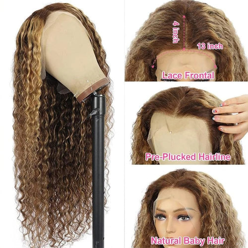 30 Inch Honey Blonde Wig Human Hair Deep Wave Lace Front Wigs 200 Density 4/27 Highlight Ombre 13X4 HD Transparent Lace Front Wig with Baby Hair Deep Curly Wave Wig Human Hair for Black Women