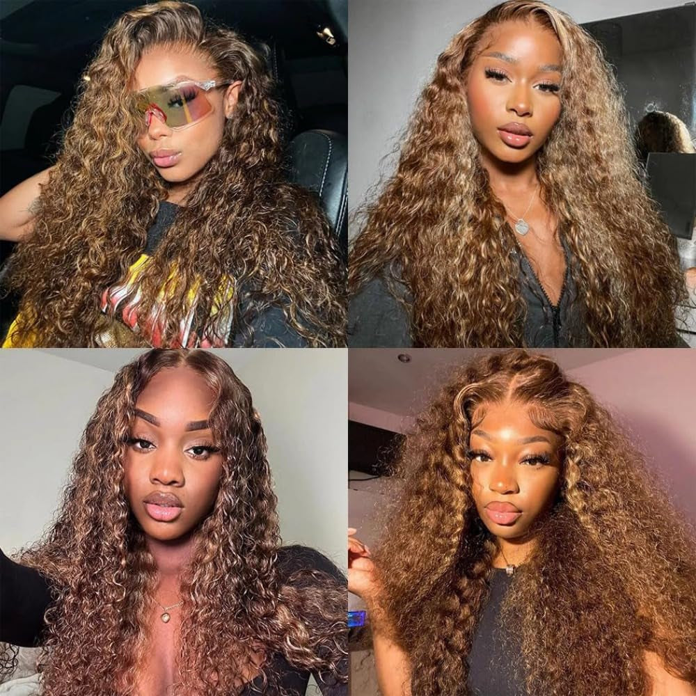 30 Inch Honey Blonde Wig Human Hair Deep Wave Lace Front Wigs 200 Density 4/27 Highlight Ombre 13X4 HD Transparent Lace Front Wig with Baby Hair Deep Curly Wave Wig Human Hair for Black Women