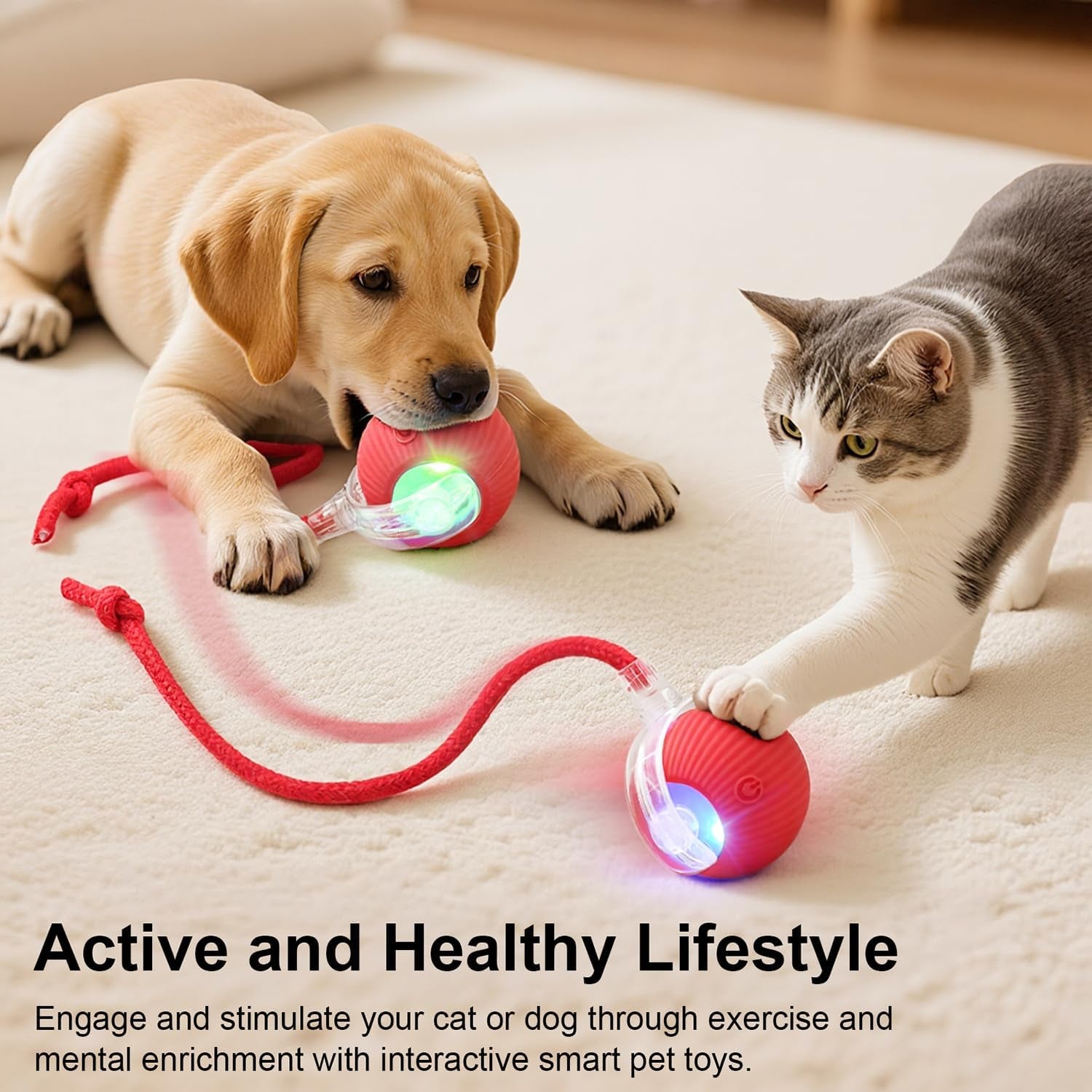 Interactive Electric Automatic Rolling Moving USB Rechargeable Self Activated Play Stimulation Toy Smart Chase Teaser Ball with Rope for Bored Adult Indoor Kitten & Cat and Puppy & Dog, Red