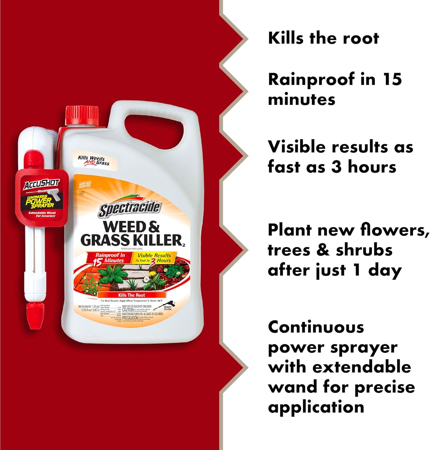 Weed & Grass Killer, 1.33 Gallons, with Accushot Continuous Power Sprayer Kills Broadleaf Weeds and Grasses down to the Root, Rainproof in 15 Minutes with Visible Results in 3 Hours