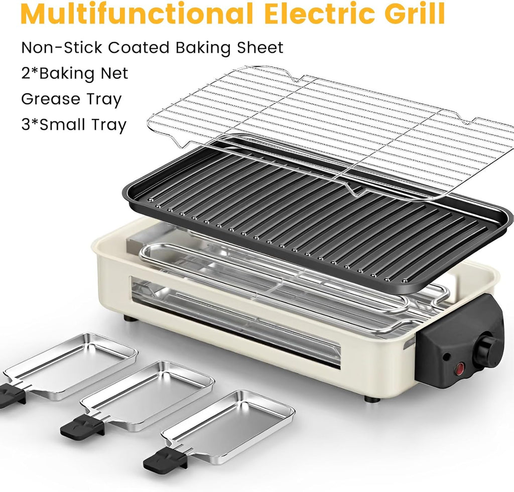 Electric Indoor Grill 1500W,  2 in 1 Smokeless Indoor Grills with Non-Stick Removable Grill & Griddle Plate, Temperature Control, Portable Korean BBQ Grill with 3 Raclette Cheese Pans