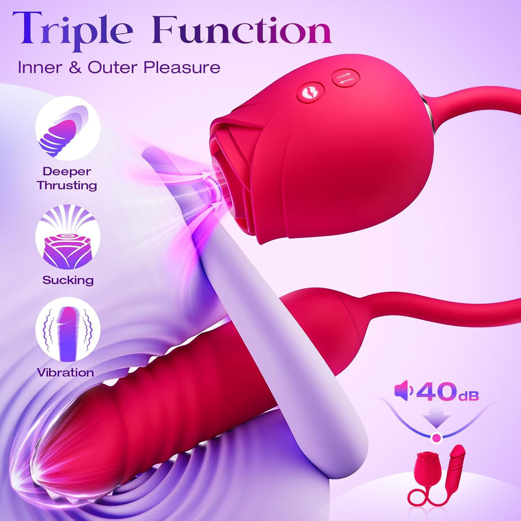 Vibrator Dildo Sex Toys for Women -  Rose Sex Toy with Thrusting G Spot Vibrators & 10 Sucking Modes for Clitoral Nipple Stimulation Anal Double-Ended Dildos Adult Sex Toys Games for Couples