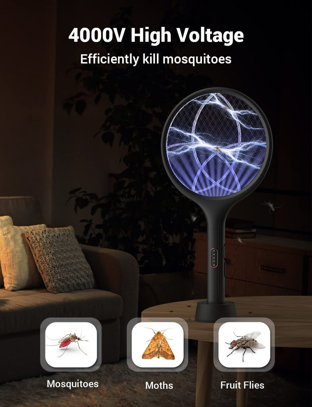 Electric Fly Swatter 4000V Bug Zapper Racket Dual Modes Mosquito Killer with Purple Mosquito Light Rechargeable for Indoor Home Office Backyard Patio Camping (Black-1 Pack)