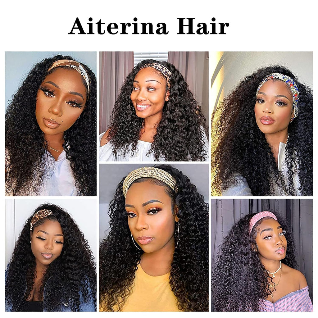 Headband Wig Deep Wave 12 Inch Human Hair Headband Wig Curly Hair Glueless Human Hair Wigs Machine Made No Lace Deep Curly Headband Wigs Natural Color
