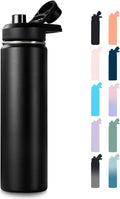 24 Oz Insulated Water Bottle with Handle, 304 Stainless Steel Water Bottles with Wide Mouth, Double Wall Vacuum Sports Water Bottle, BPA Free, Keep Cold and Hot, Black | with Handle, Water Bottles, Wide Mouth, Double Wall Vacuum, Sports Water Bottle, BPA Free