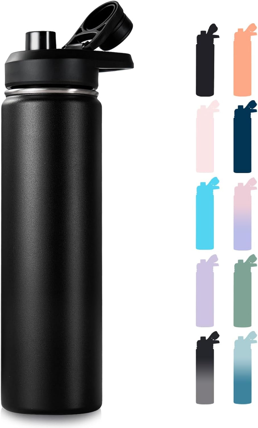 24 Oz Insulated Water Bottle with Handle, 304 Stainless Steel Water Bottles with Wide Mouth, Double Wall Vacuum Sports Water Bottle, BPA Free, Keep Cold and Hot, Black | with Handle, Water Bottles, Wide Mouth, Double Wall Vacuum, Sports Water Bottle, BPA Free
