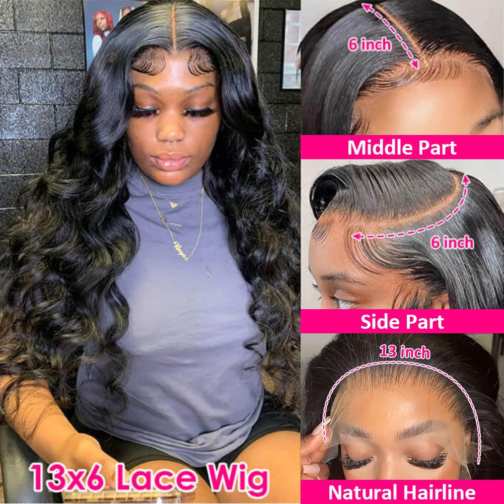 13X6 HD Transparent Lace Front Wigs Human Hair Pre Plucked 180 Density Brazilian Body Wave Frontal Wigs Human Hair with Baby Hair Natural Hairline Natural Black Color 28Inch