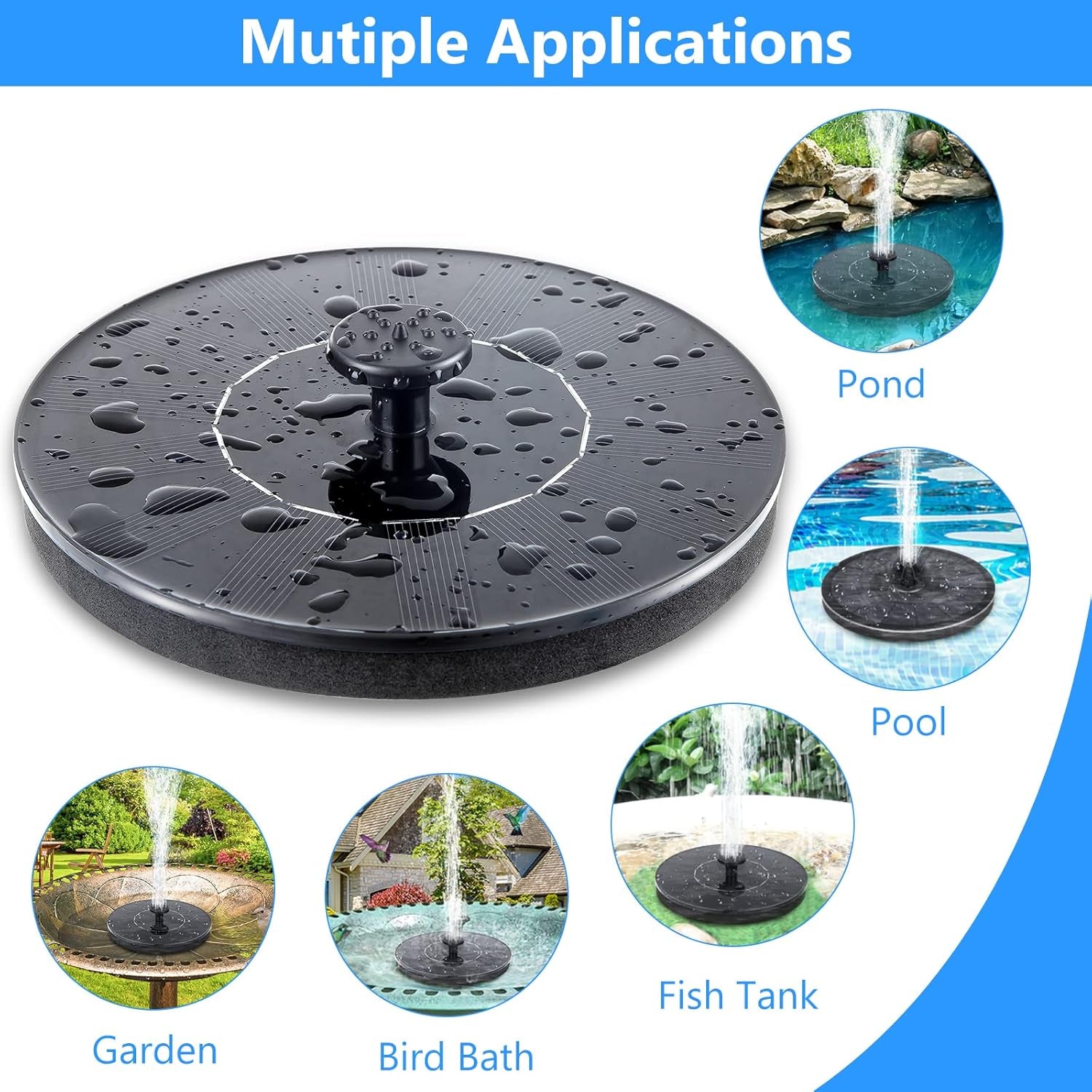Solar Bird Bath Fountains, Upgrade 1.4W Solar Fountain Pump with 6 Nozzles, Free Standing Floating Solar Powered Water Fountain Pump for Bird Bath, Garden, Pond, Pool, Outdoor