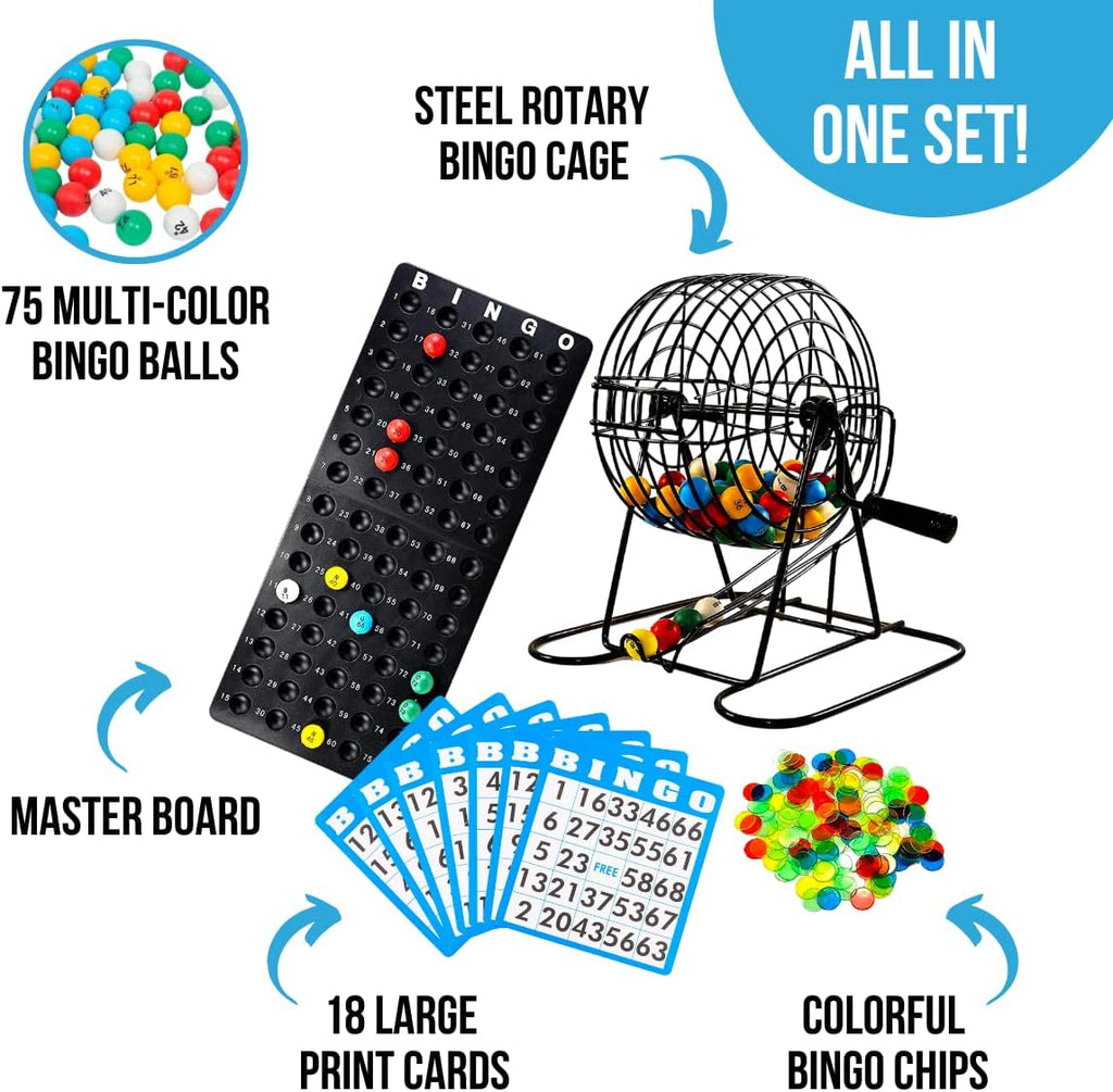 Deluxe Bingo Game Set with Cage, Board, Balls, 18 Cards, and Chips