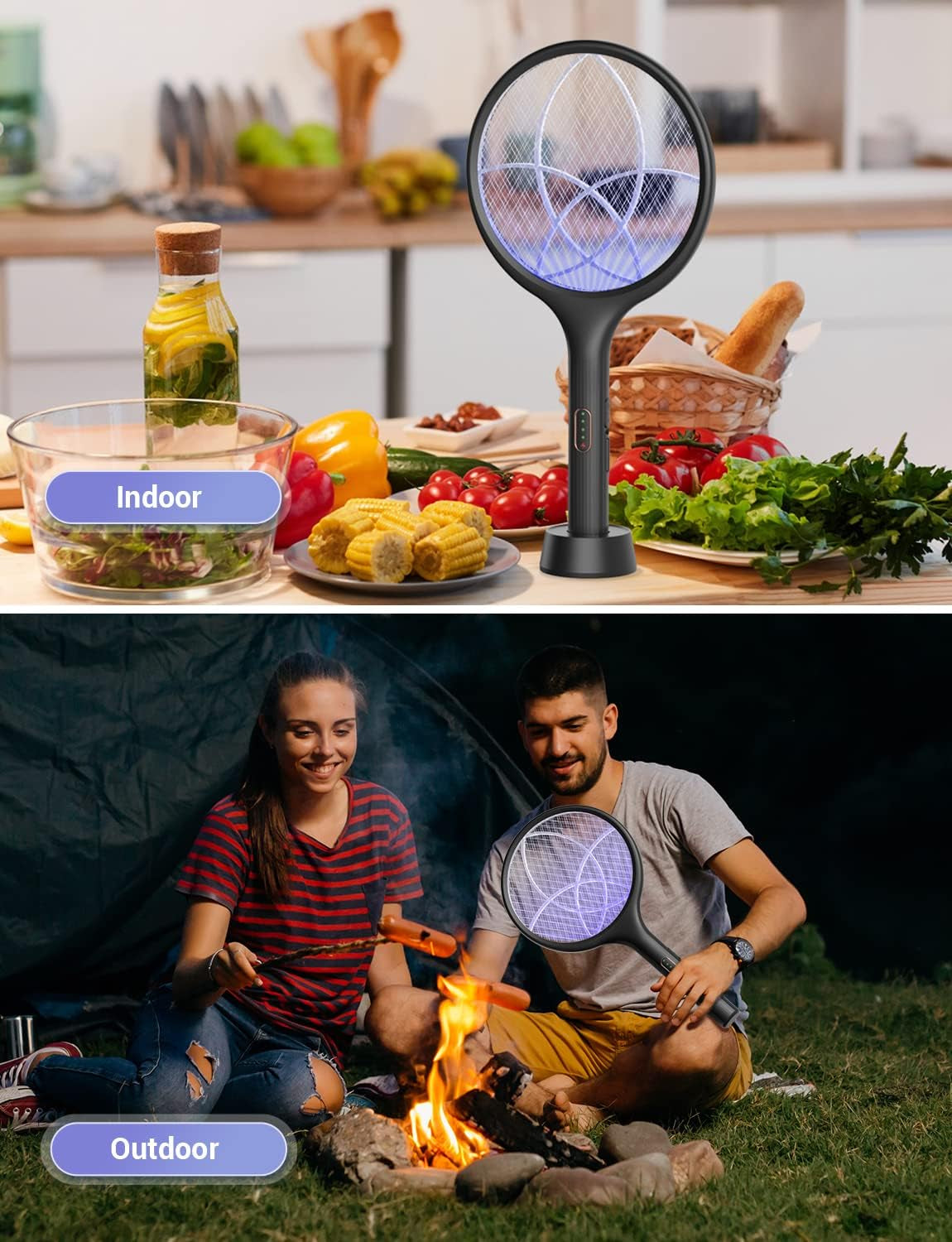Electric Fly Swatter 4000V Bug Zapper Racket Dual Modes Mosquito Killer with Purple Mosquito Light Rechargeable for Indoor Home Office Backyard Patio Camping (Black-1 Pack)