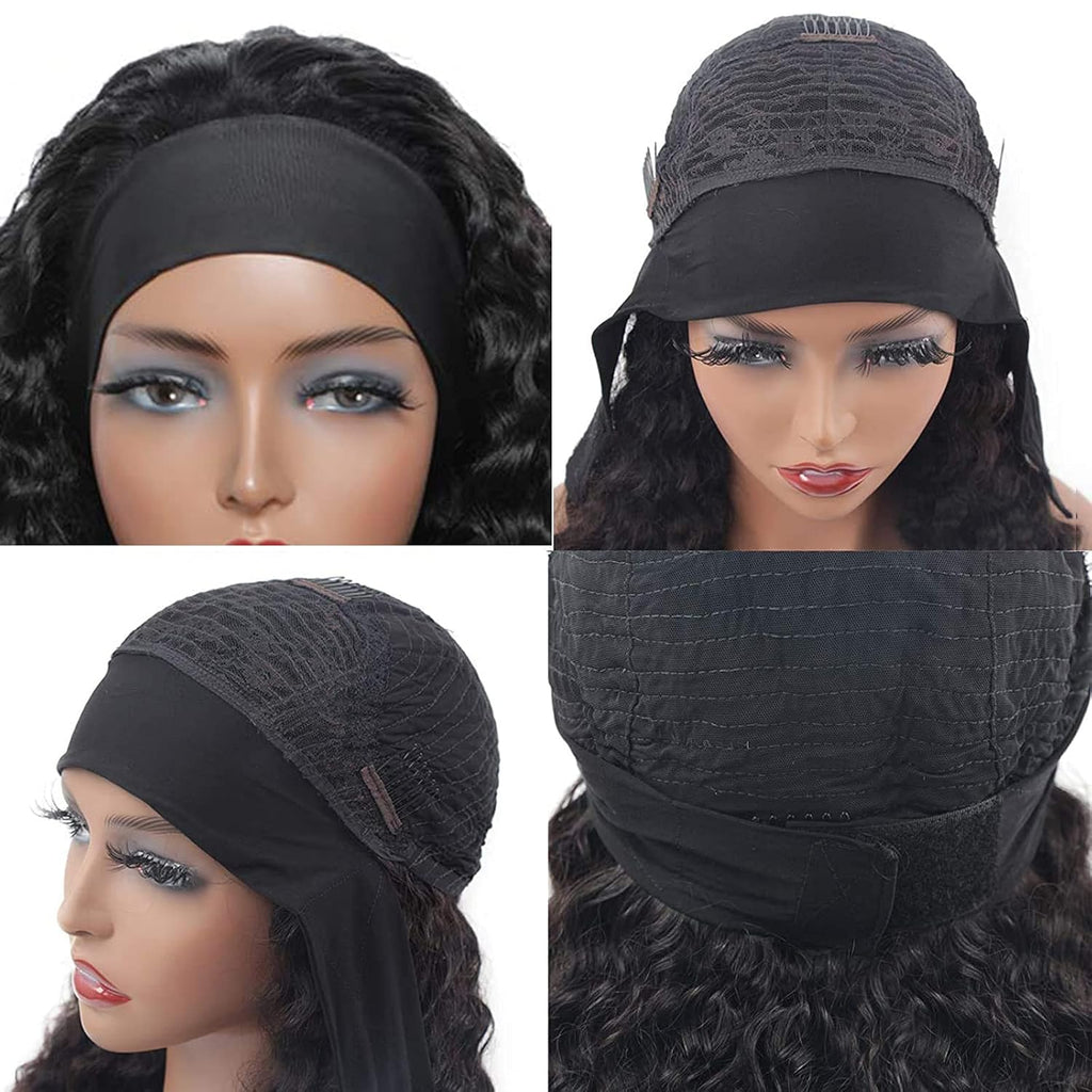 Headband Wig Deep Wave 12 Inch Human Hair Headband Wig Curly Hair Glueless Human Hair Wigs Machine Made No Lace Deep Curly Headband Wigs Natural Color