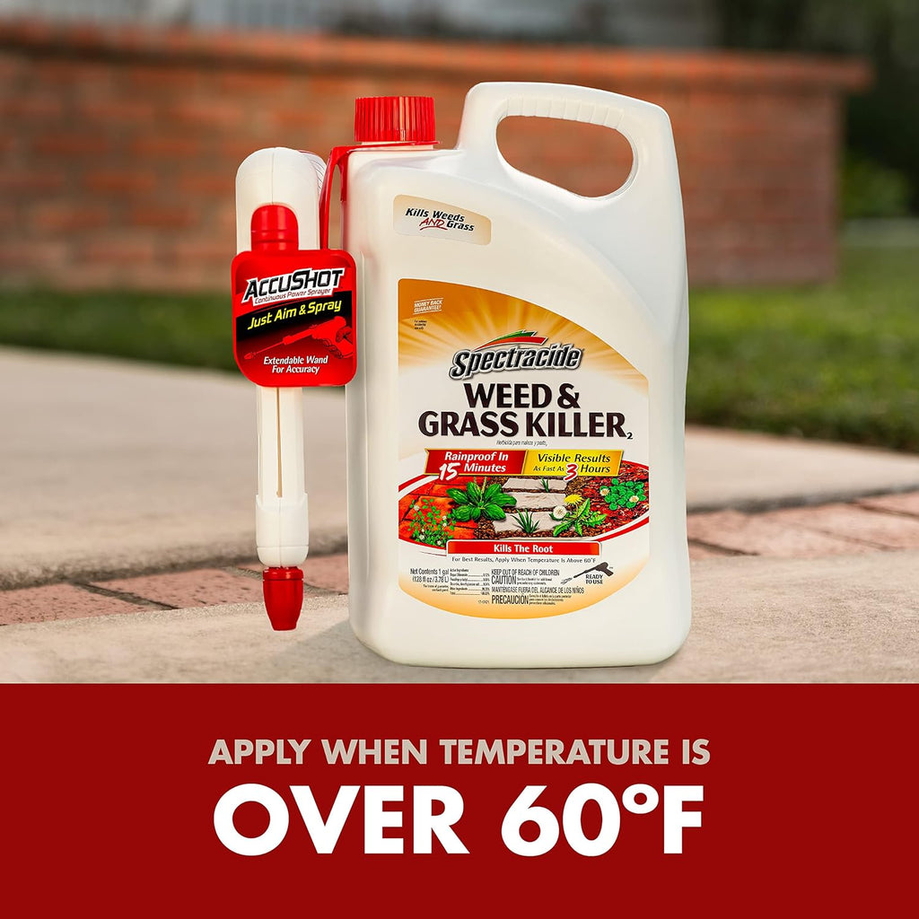 Weed & Grass Killer, 1.33 Gallons, with Accushot Continuous Power Sprayer Kills Broadleaf Weeds and Grasses down to the Root, Rainproof in 15 Minutes with Visible Results in 3 Hours