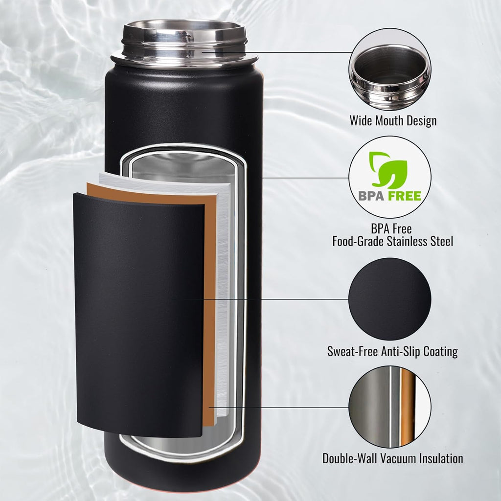 24 Oz Insulated Water Bottle with Handle, 304 Stainless Steel Water Bottles with Wide Mouth, Double Wall Vacuum Sports Water Bottle, BPA Free, Keep Cold and Hot, Black | with Handle, Water Bottles, Wide Mouth, Double Wall Vacuum, Sports Water Bottle, BPA Free