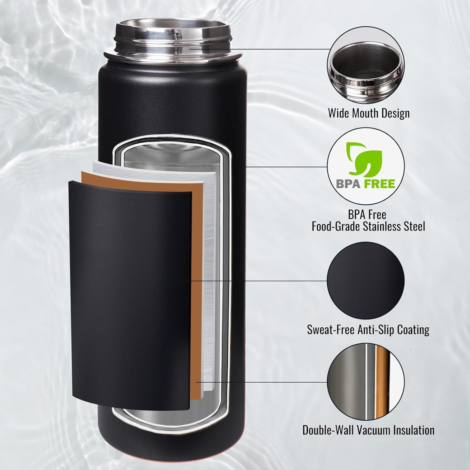 24 Oz Insulated Water Bottle with Handle, 304 Stainless Steel Water Bottles with Wide Mouth, Double Wall Vacuum Sports Water Bottle, BPA Free, Keep Cold and Hot, Black | with Handle, Water Bottles, Wide Mouth, Double Wall Vacuum, Sports Water Bottle, BPA Free