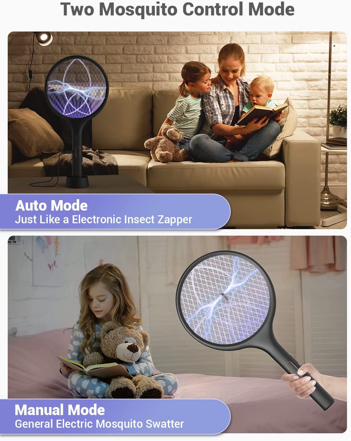 Electric Fly Swatter 4000V Bug Zapper Racket Dual Modes Mosquito Killer with Purple Mosquito Light Rechargeable for Indoor Home Office Backyard Patio Camping (Black-1 Pack)
