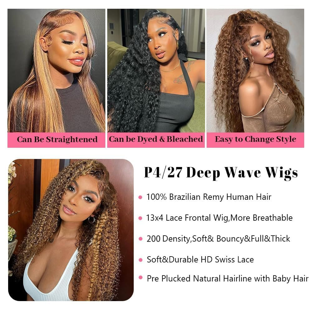 30 Inch Honey Blonde Wig Human Hair Deep Wave Lace Front Wigs 200 Density 4/27 Highlight Ombre 13X4 HD Transparent Lace Front Wig with Baby Hair Deep Curly Wave Wig Human Hair for Black Women