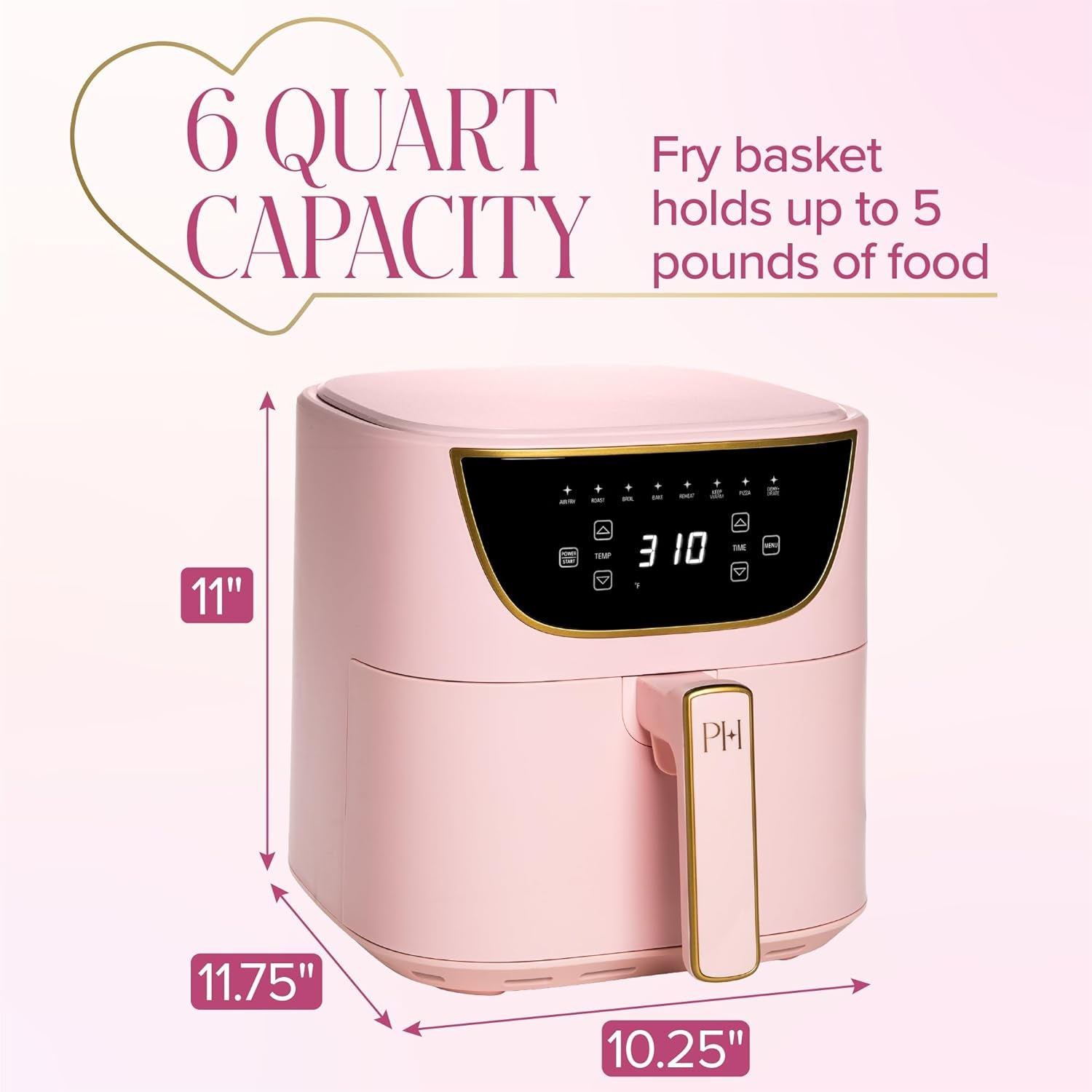 Air Fryer, Large 6-Quart Capacity, Nonstick Made without PFAS, Touchscreen Display, 8-In-1 (Air Fry, Roast, Broil, Bake, Reheat, Keep Warm, Pizza, Dehydrate), Dishwasher Safe, Pink